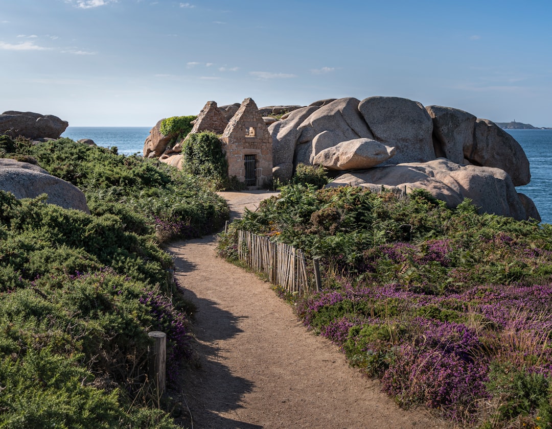 a path leading to a small house on a rock outcropping